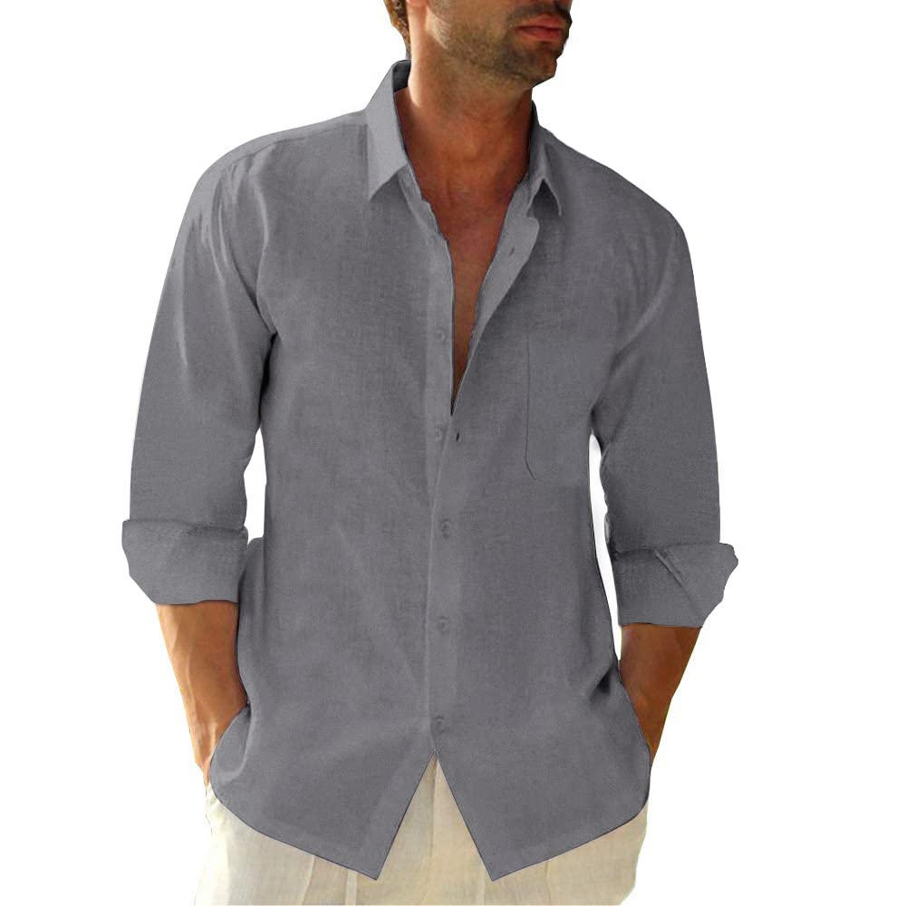 Button Down Linen Shirts for Men Casual Long Sleeve Regular Fit Cotton Beach Shirts with Pocket